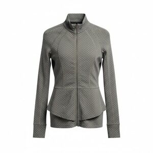 Pure Good Womens Peplum Jacket Gray Dot Full Zip Mock Neck Thumbholes XS